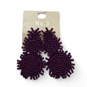 Elegant Purple Beaded Statement Drop Earrings, Round Bohemian Oversized Style